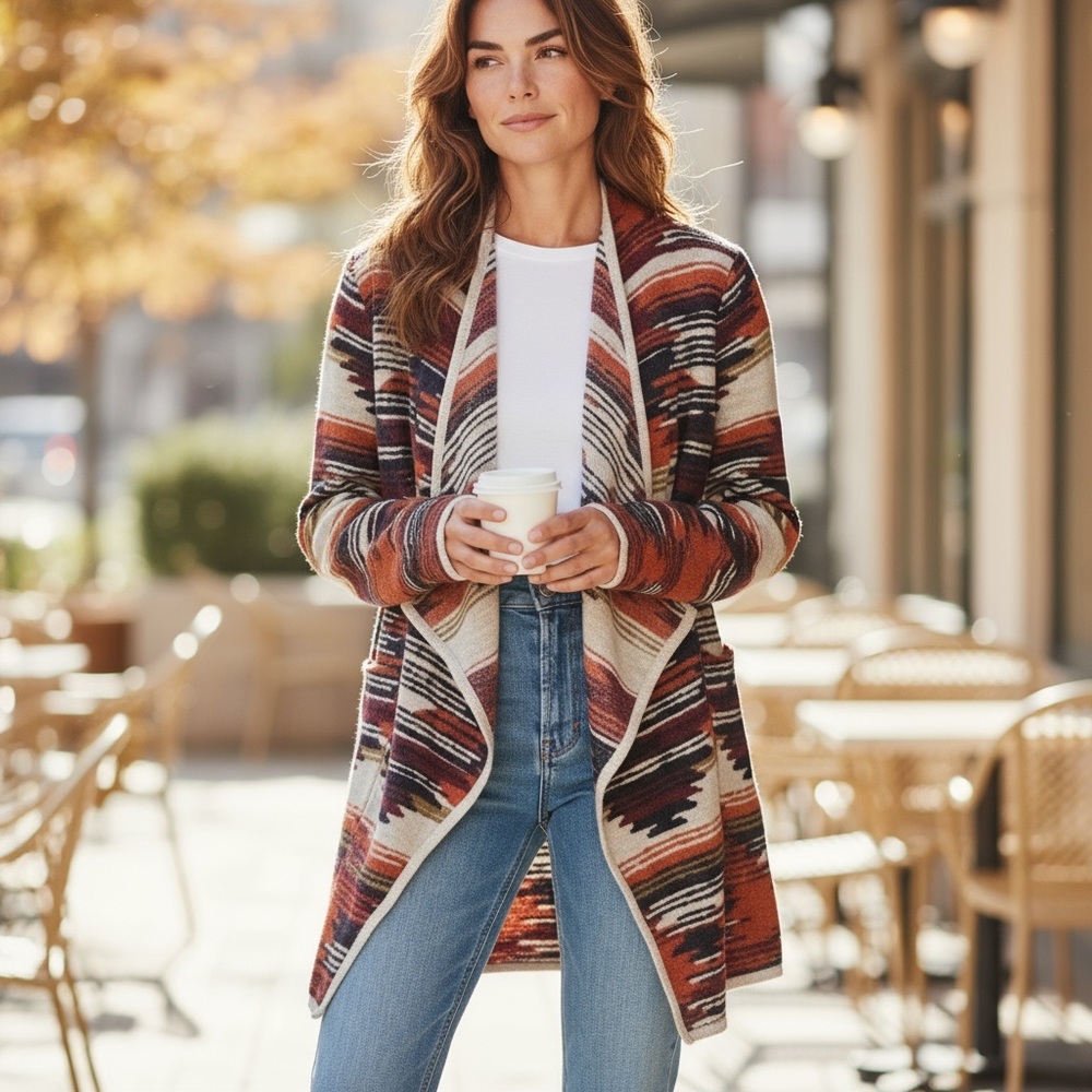 Lucky Brand Boho Aztec Print Waterfall Cardigan Small Rust Navy Southwest‎ Knit